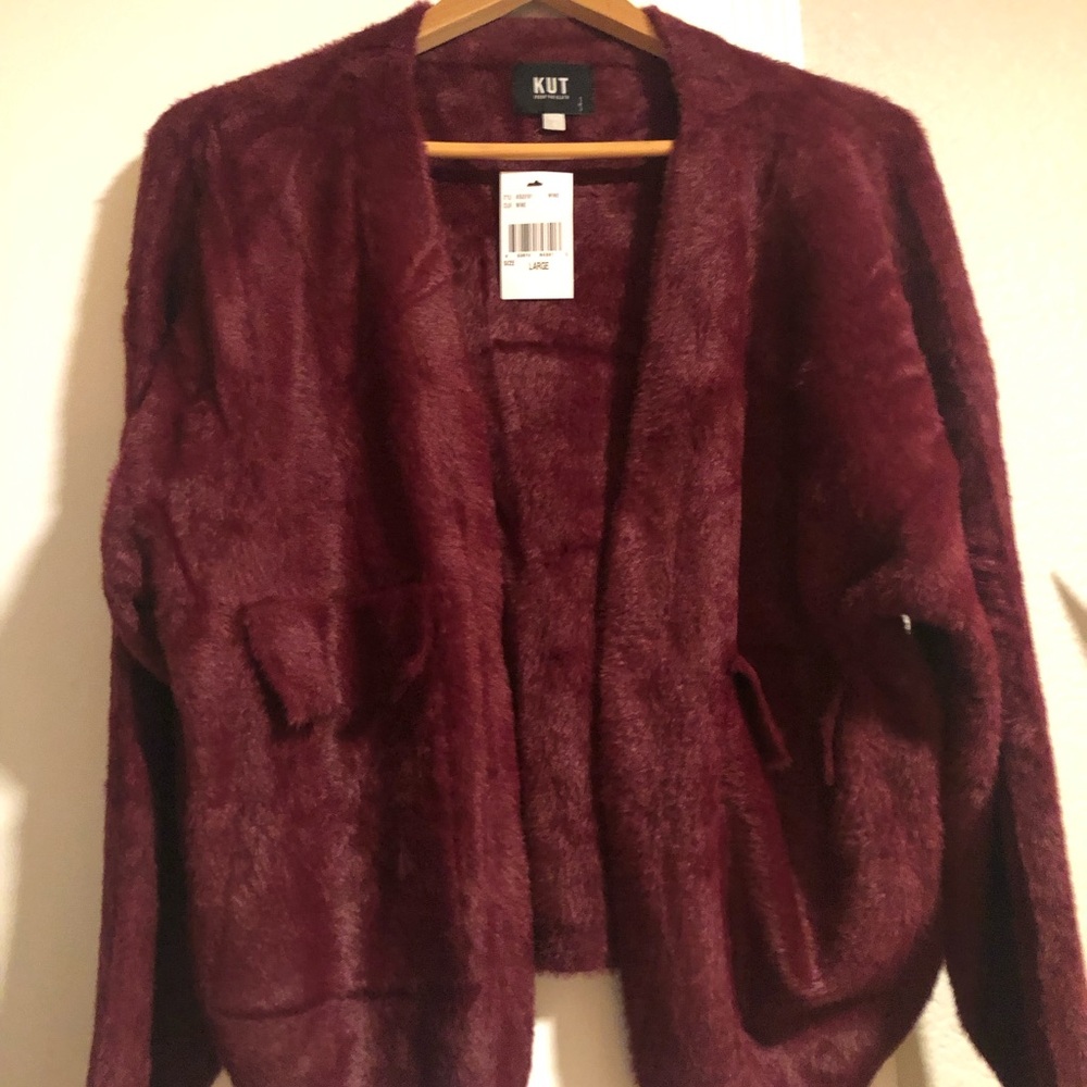KUT from the Kloth Women Faux Fur Jana Cardigan NWT Bordeaux Large - Picture 8 of 11